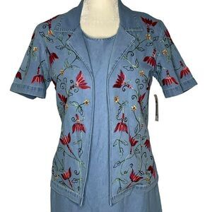 Vintage Sarah Elizabeth Dress Jacket Set 6P Denim Chambray Floral Embroidery